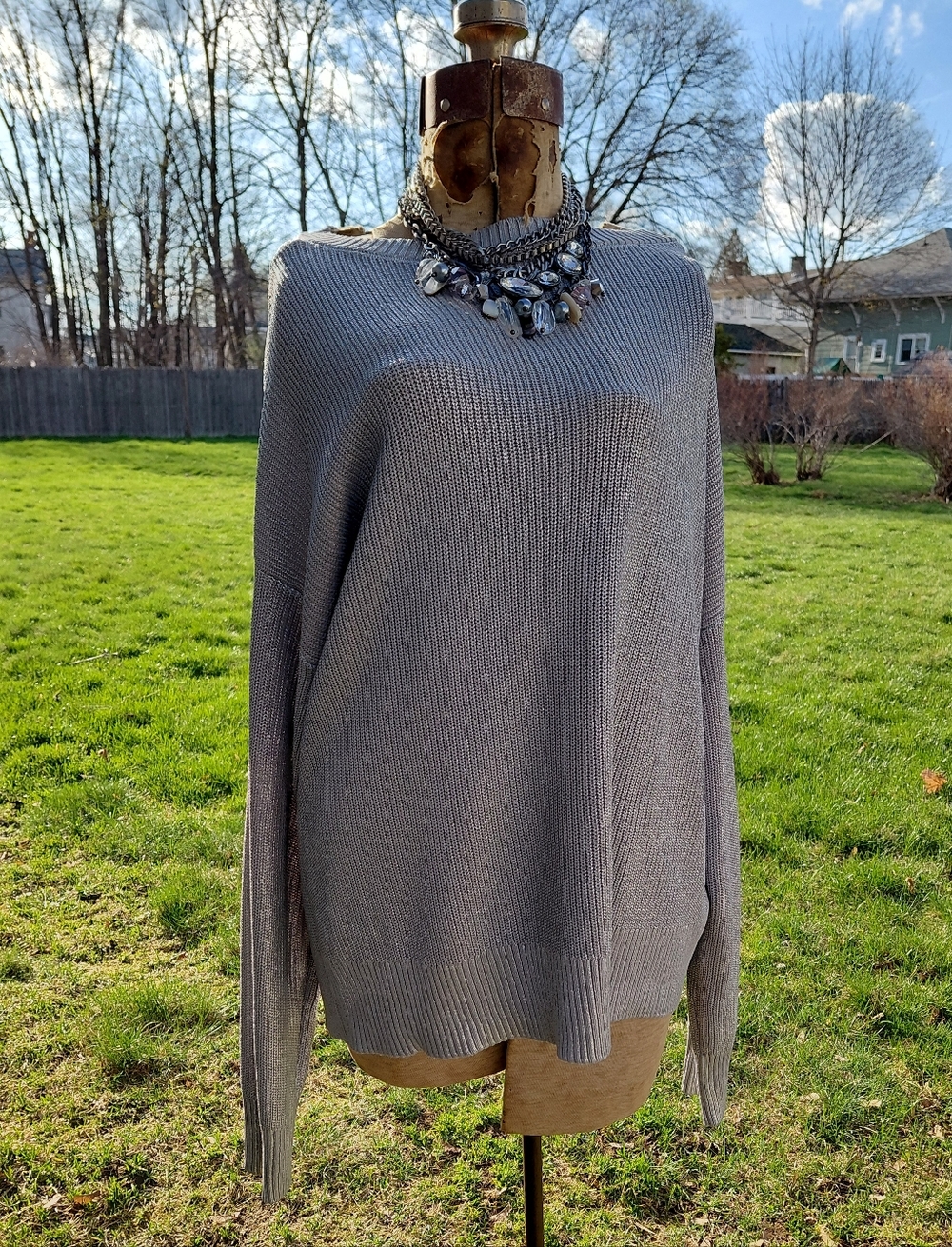 INC sweater metallic shiny futuristic silver knit crew neck sweater Womens L